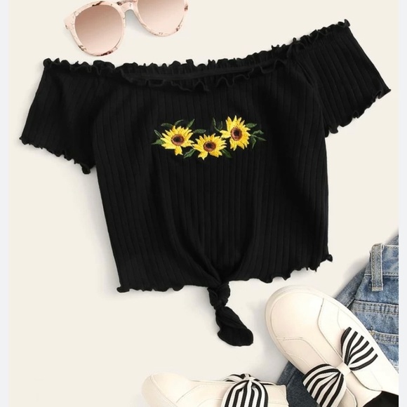 SHEIN of the shoulder lettuce trim sunflower embroidered crop top - Picture 1 of 6